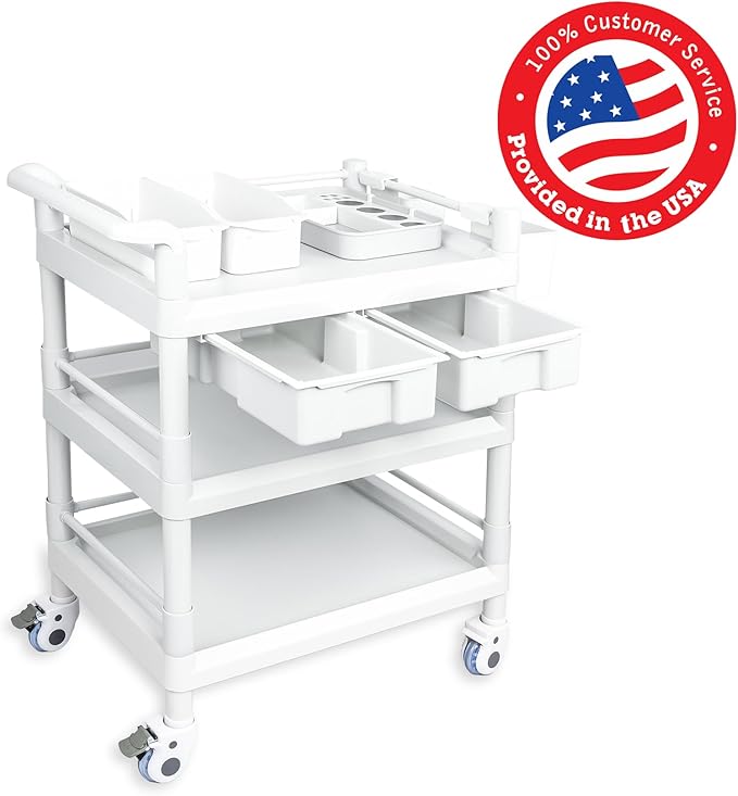 Medical Mobile Trolley Cart 3 Tier 500 Lbs Spacious Beauty Salon Rolling Trolley with Dirt Buckets Drawers 360°Rotate Wheels Heavy Duty Medical Utility Cart for Hospital Dental Clinic
