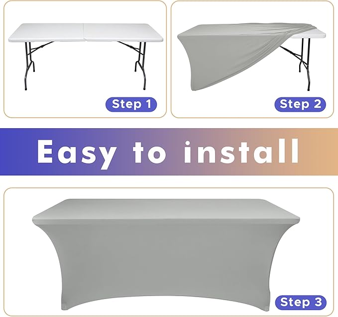 Nasitos 2 Pack 8 ft Table Cloth Rectangle Tables-Open Back Spandex Fitted Tablecloth, Grey Stretch Table Covers Washable and Wrinkle Resistant for Trade Show, Parties, Wedding, Banquet, Cocktails