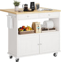 Rolling Kitchen Island with Folding Drop Leaf Breakfast Bar, 35.4'' W Kitchen Cart with Storage Cabinet and 2 Drawers, Portable Mobile Kitchen Island Table with Towel Rack, Lockable Wheels, White