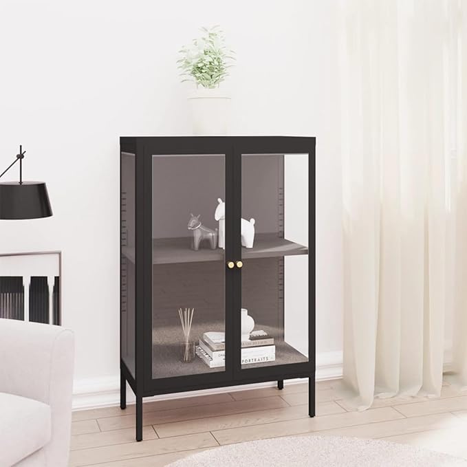 Sideboard Kitchen Buffet Storage Cabinet Storage Organizer, Black 29.5"x13.8"x41.3" Steel and Glass D320009C