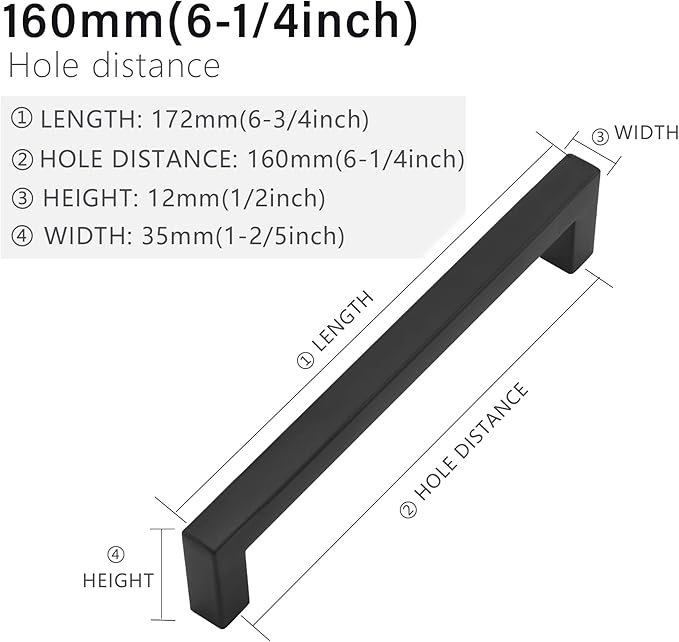 Cabinet Pulls Matte Black Cabinet Handles Square Drawer Pulls, 10 Pack 6-1/4 Inch Stainless Steel Kitchen Door Cupboard Cabinet Handles, Drawer Hardware Handles, 160mm Hole Centers