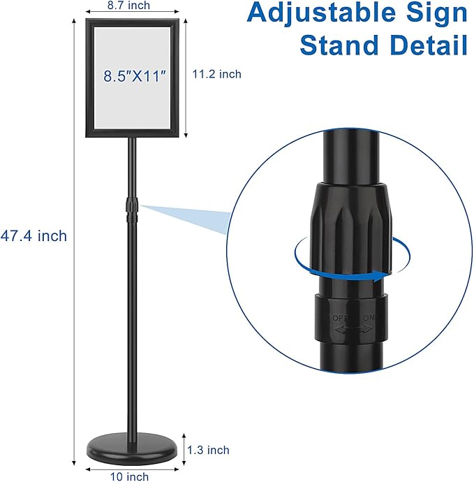 Adjustable Sign Holder Stand 8.5x11 inch,Pedestal Floor Signage Standing Holder with Heavy Duty Base, Aluminum Snap Open Frame Display for Business Restaurant, Mall,Schools-2 Pack