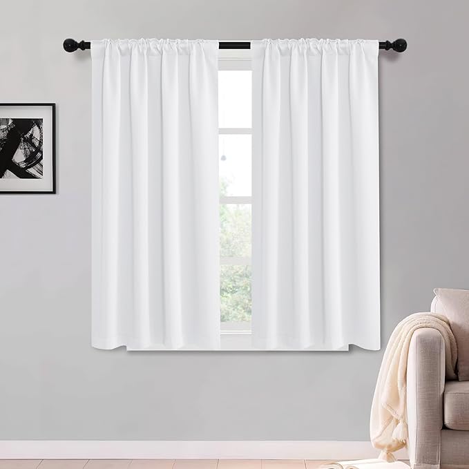 KGORGE Bedroom Curtains 2 Panel Sets, Room Darkening Thermal Insulated Noise Reducing Energy Efficiency Small Window for Bedroom Living Room, Back Tab Rod Pocket, W52 x L54, White