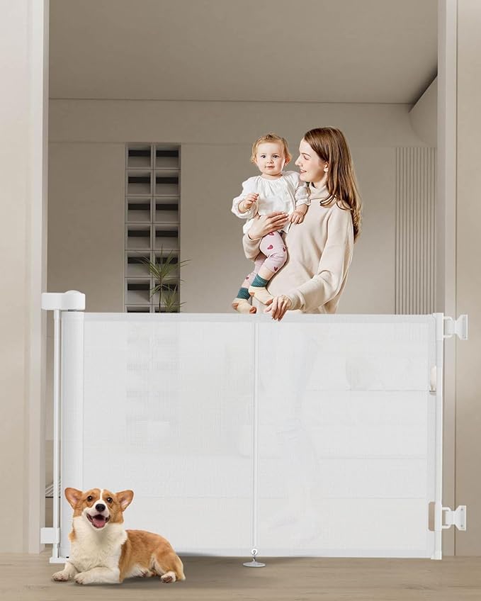 59 inch Retractable Baby Gates 34 inch Tall, Retractable Gate with Reinforced Strip Design to Prevent Crawling Through, 5 FT Retractable Dog Gate for Stairs, Doorways, Hallways, Indoor/Outdoor