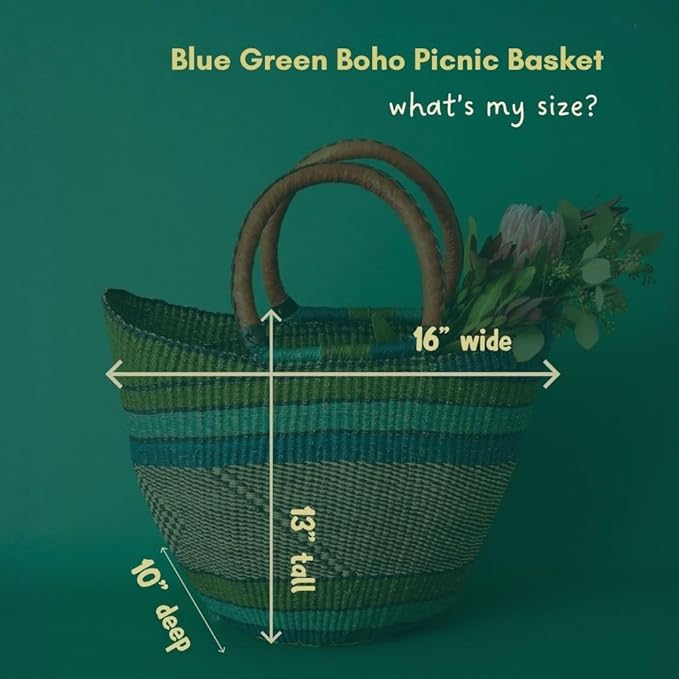 Blue Green Picnic Basket, Kitchen & Dining Storage, Reusable Grocery Bag, Countertop Fruits Holder, Farmers Market, Beach, Harvesting, Foraging, Decorative, Wicker, Woven, Boho Style