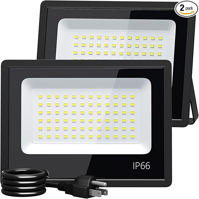 XXBSAZ 2 Pack 50W LED Flood Lights Outdoor, 8,500LM Plug-in Hardwire Work Light IP66 Waterproof - 6500K Daylight Bright for Yard, Garage, Stadium
