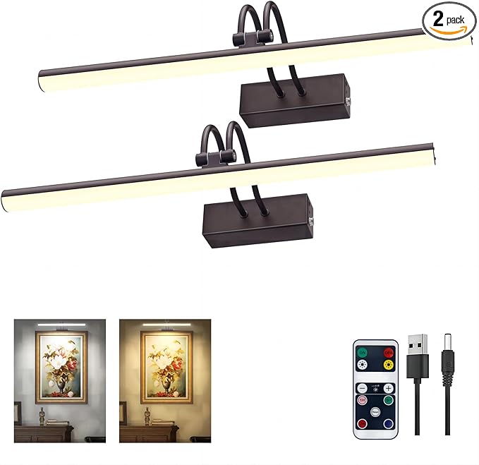 Picture Light,Picture Lights for Wall Cordless,2PK Picture Lights with Timer and Dimmable,13" Battery Wall Lights for Display Gallery Painting Art Frame Portrait-Black