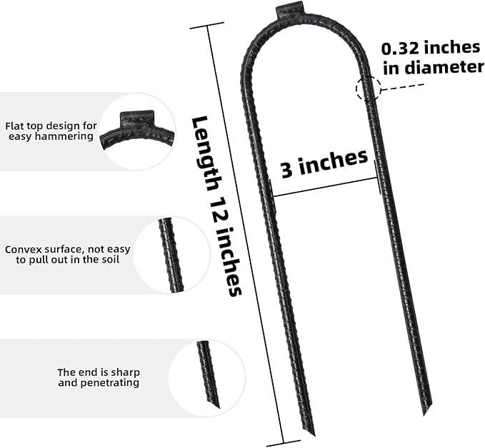 10 Pack Extra-Large Heavy Rebar Trampoline Wind Stakes with Flat Welded Head,12’’x3’’ U Shaped Stake, Ground Anchor for Securing Trampolines, Tents, Fences, Tarps, Garden Cloth, Hoses