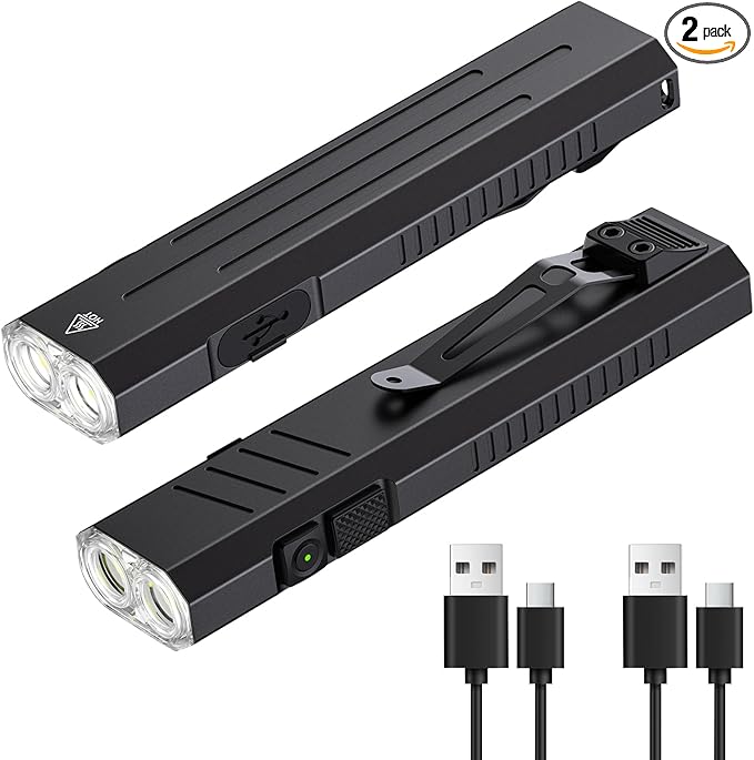 2pack Rechargeable EDC Flashlight - Emergency One Click Strobe Mode, 1600 High Lumens Portable Pocket light Mini Flashlight , Magnetic Small EDC Slim Flat Flashlight for Working Camping Repairing