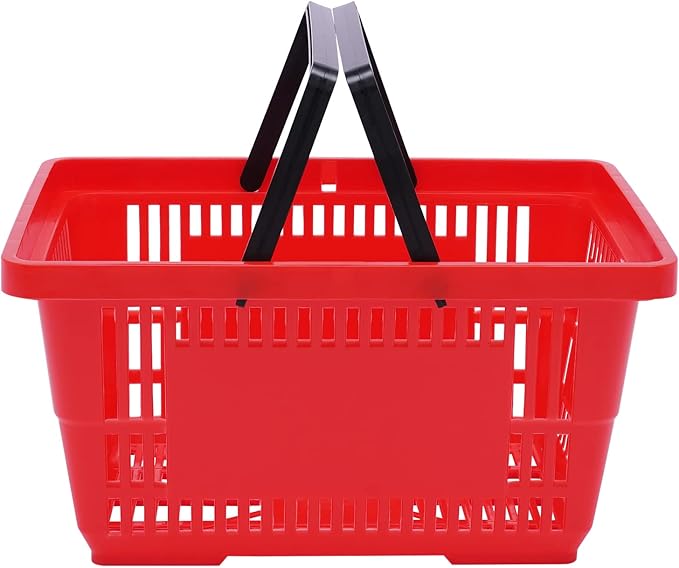 12PCS Shopping Baskets with Handles, 21L Plastic Grocery Basket for Retail Store, Supermarket, Grocery Shopping |17" x 12" x 9" Portable Shop Basket (Red)