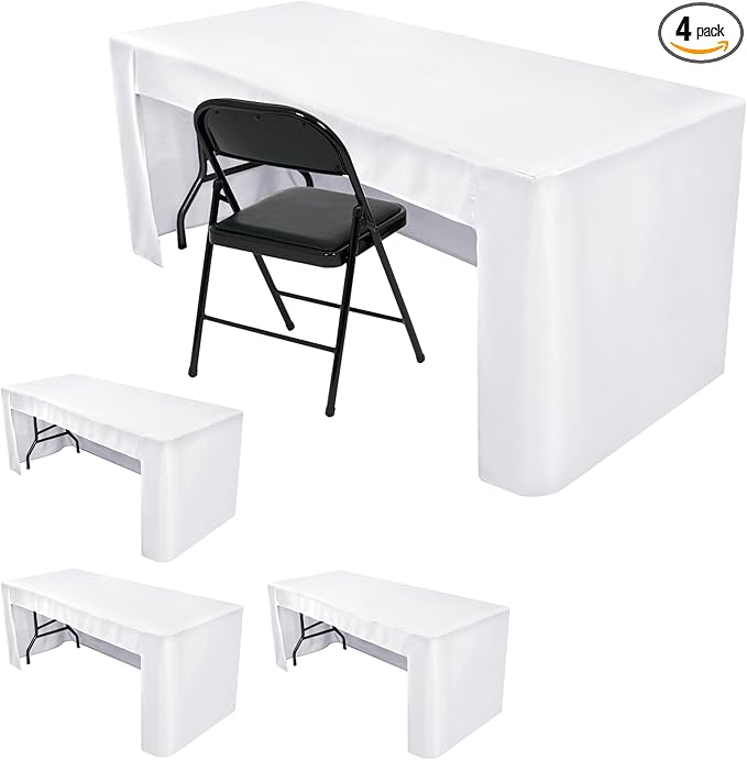 HolidayIdeas Open Back Fitted Tableclothss for 8 Foot Rectangle Table, Wrinkle Resistant Washable Table Covers 96x30 Inch for Craft Fairs, Banquets, Trade Show Display, White,4 Pcs