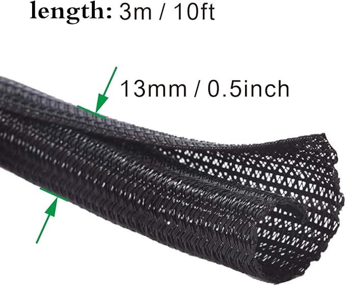 10ft-1/2 Braided Cable Management Sleeve Wire Protector, Suitable for TV/Computer/Home Theater/Machine Equipment Cable Management. (Black, 1/2"-10ft)