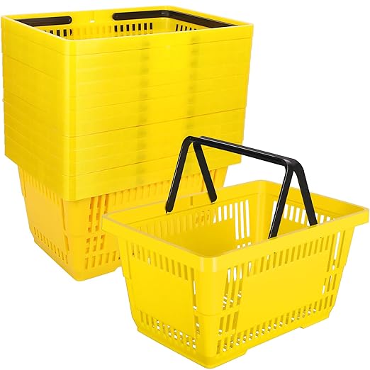 12 Pcs Shopping Baskets 20 L Plastic Store Retail Baskets with Handles 16.9 * 11.8 * 9.1 Inches for Market Grocery Supplies Thrift Convenience Storage(Yellow)