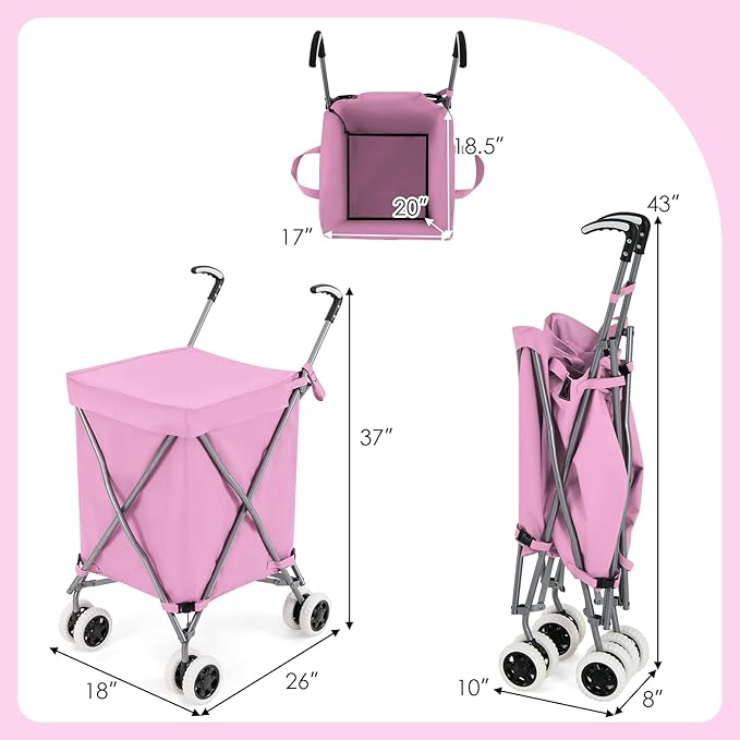 Goplus Folding Shopping Cart with Wheels, Grocery Cart with Removable Oxford Cloth Liner, Lightweight Utility Cart for Groceries Laundry, Pink