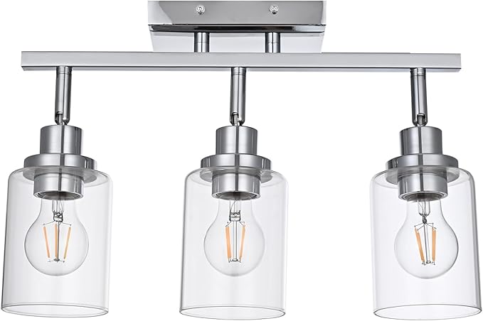 3-Light Track Lighting Kit Ceiling Kitchen Track Lighting Fixtures Chrome Bathroom Vanity Wall Lights with Clear Glass Multi-Directional Rotating Tracking Light Heads Spotlight for Accent Shop
