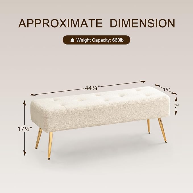 Furnimart Faux Fur Boho Bench Ottoman Upholstered Tufted Bench with Padded Seat, Footrest Foot Stool with Sturdy Metal Leg, for Bedroom Living Room Entryway