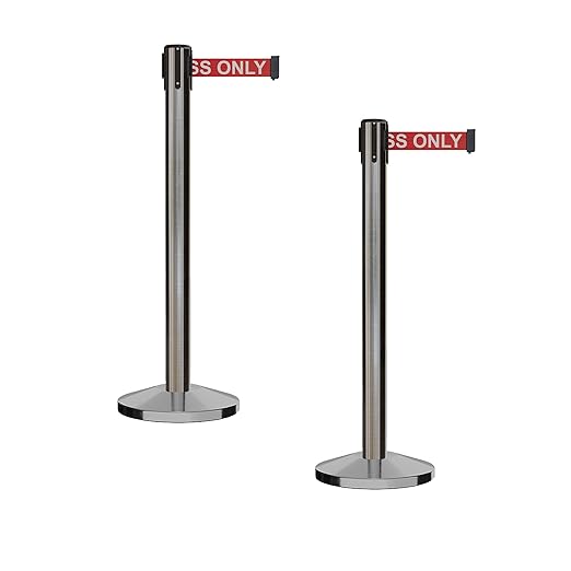 Crowd Control Warehouse CCW Series RBB-150 - Set of 2 Stanchion Retractable Belt Barriers - 16 Foot, RED"Authorized Access ONLY" White Letter Belt with Satin Stainless Steel Post - Easy Assembly