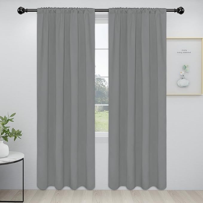 Easy-Going Rod Pocket Blackout Curtains for Bedroom, Room Darkening Window Curtains for Living Room, Thermal Insulated Noise Reduction Solid Window Drapes, 2 Panels(34x84 in, Light Gray)