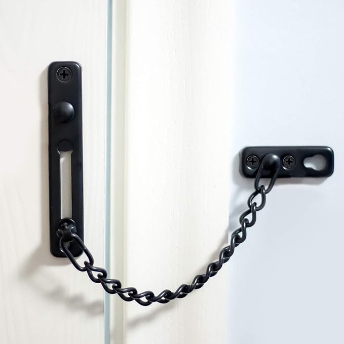 6 Pack Door Chain Lock, KINJOEK Stainless Steel Security Chain Guard with Spring Anti Theft Press Lock, Heavy Duty Polished Door Latch with Screws, Black