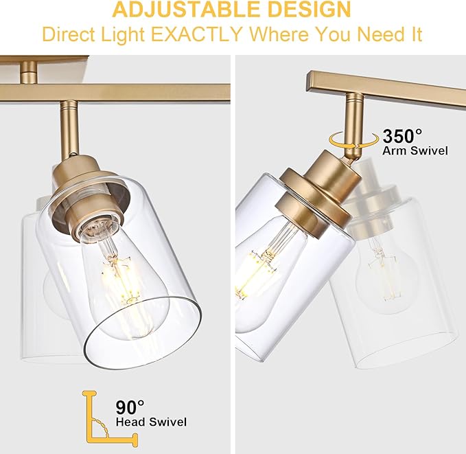 2-Light Track Lighting Fixtures Gold Finish, Multi-Directional Rotating Ceiling Tracking Lights with Clear Glass, Modern Bathroom Wall Vanity Lights Track Lighting Kits for Kitchen Accent Shop