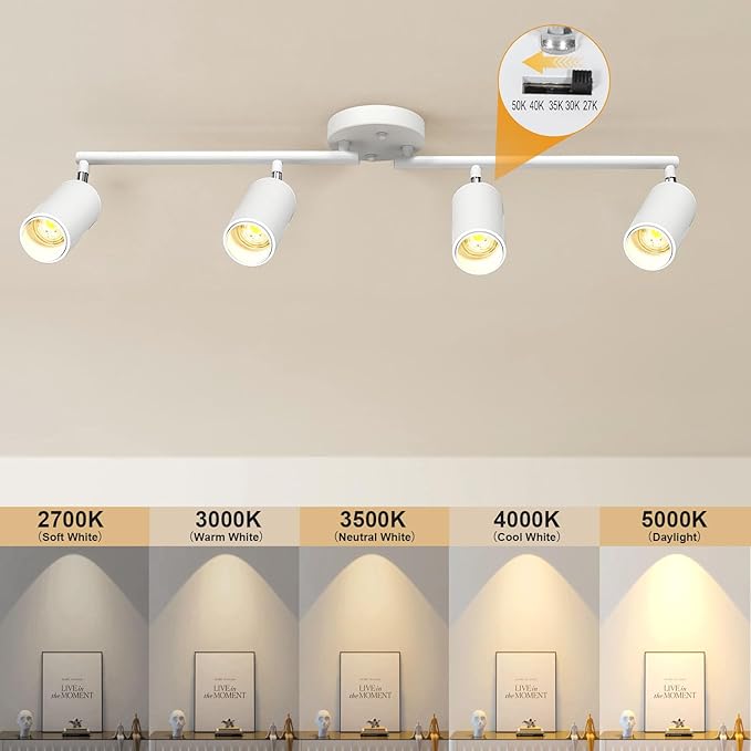 5Color LED Track Lighting Kit 4 Lights Dimmable 48W Track Light,Zoomable15°/24°/36°/45°/60°-2700K/3000K/3500K4000K/5000K,Track Lighting for Accent Task Kitchen,Lumen 4800 (White)