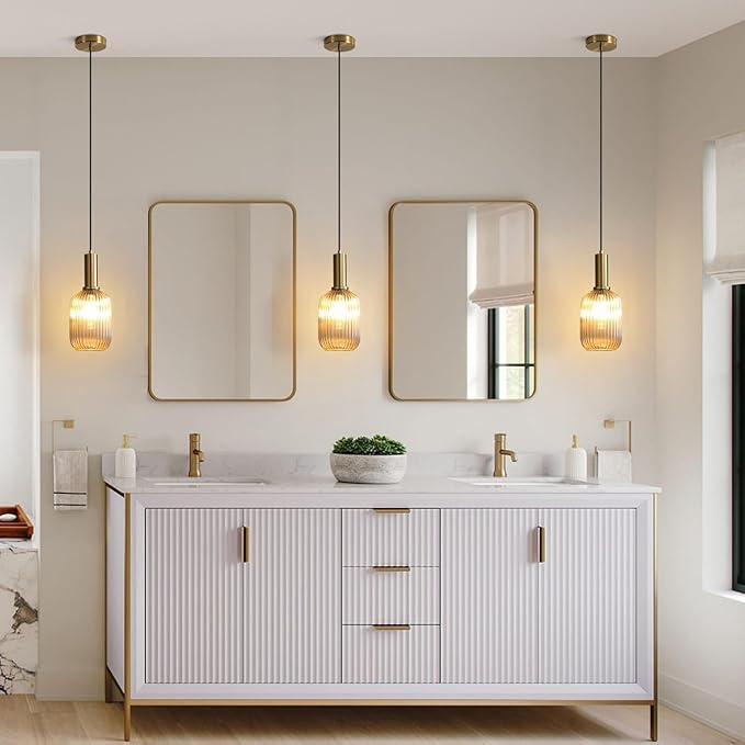KCO Lighting 1-Light Amber Glass Ceiling Light Fixture Vintage Striped Glass Pendant Light Farmhouse Cylinder Pendant Light Gold Mini Kitchen Island Pendant Lighting Single Hanging Light
