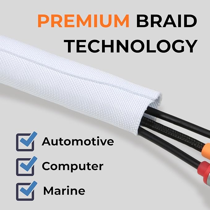 1/2 inch Split Braided Cable Management Sleeve for USB Cable Power Cord Audio Video Cable, Wire Loom Cord Protector from Cat Dog Chewing (White, 25FT)