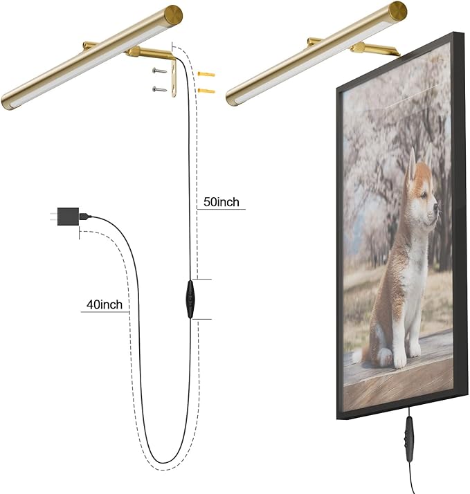 9W Picture Light Plug in, 24" Adjustable LED Art Light with Remote Control, Dimmable Wall Light for Picture Display Dartboard Art Work (Gold)