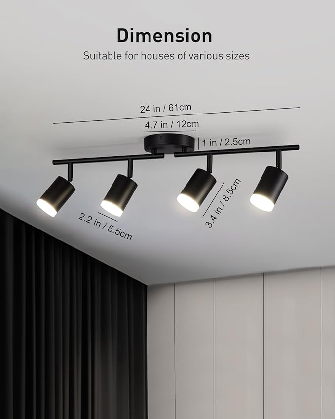 Bojim Flexible Led Track Lighting, 4-Light Black Track Lighting Fixtures Ceiling, Ceiling Spotlight with Foldable Light Arms for Kitchen, Closet, Bedroom(GU10 Socket, Bulbs Not Included)