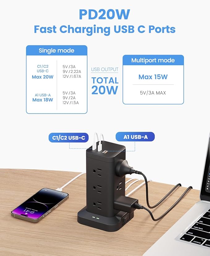 Power Strip Tower with Surge Protector 1800J, Fast Charging Tower PD20W USB-C Ports with 12 AC Outlets, 6ft Extension Cord for Home Office Dorm Room, Black