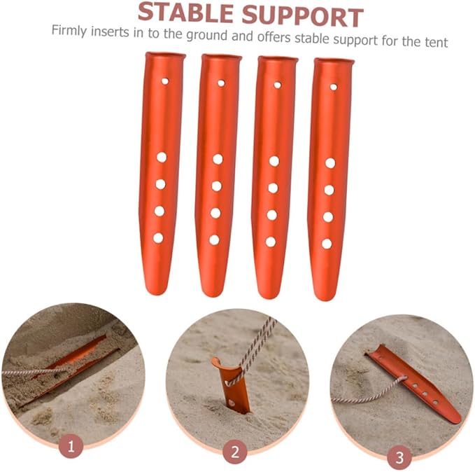 4Pcs Aluminum Tent Stakes Orange Lightweight Ground Pegs for Camping Beach Sand Snow Outdoor Tent Ground Anchors
