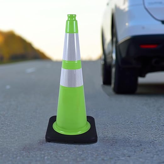 4 Pack 28 Inch Green PVC Traffic Cones Black Base Stable Flexible, Road Safety Construction Zone Crowd Control Safety Cones Outdoor Use (4, Green, 28 Inch)
