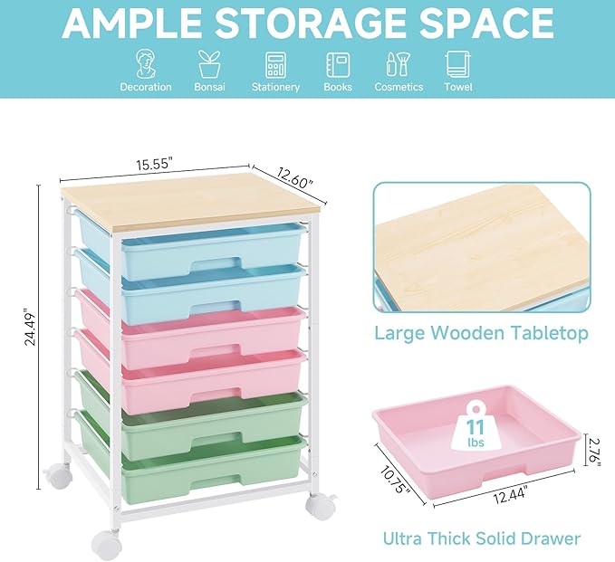 Rolling Cart with Drawers,Utility Cart with 6 Drawers,Rolling Storage Cart with Drawers and Wooden Tabletop & Lockable Wheel,Colorful