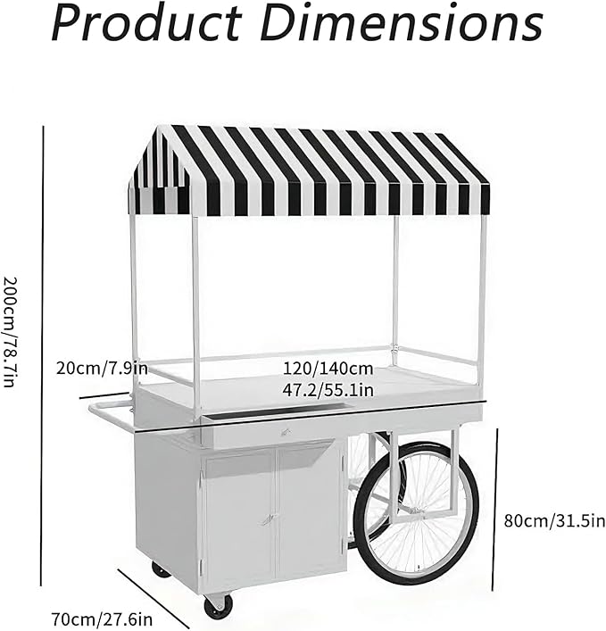 Food Cart for Business with Striped Canopy, Mobile Display Stand with Storage Drawers, for Street Food, Farmers Markets, Outdoor Events (White, 39.37 * 27.56 * 78.74in)
