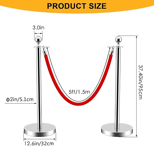 LOVMOR Stainless Steel Stanchion Post, Stanchions with Red Rope, Hollow Base and Velvet Ropes Safety Barriers Set, Carpet Runner for Party (6pack-Silver)