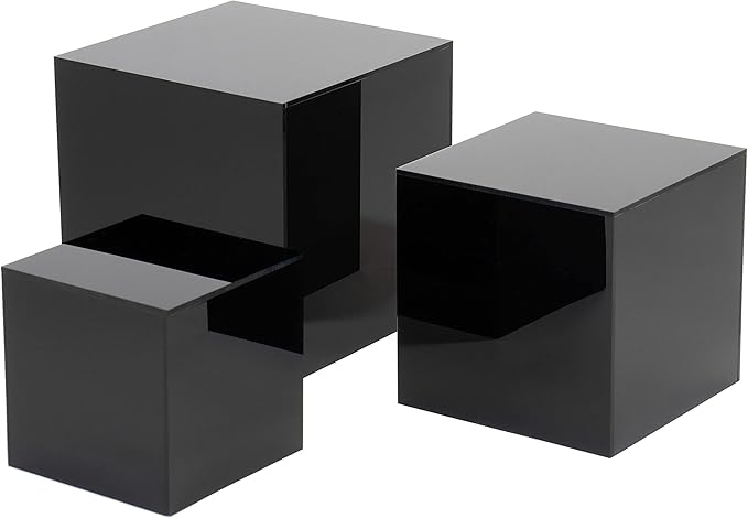 Red Co. Set of 3 Glossy Black Acrylic Cube Display Nesting Riser Stands with Hollow Bottoms