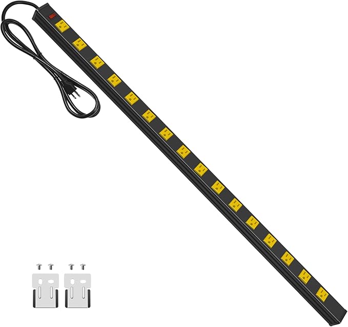JUNNUJ Long Metal 16 Outlet Wide Spaced Garage Industrial Heavy Duty Power Strip with 25 FT Cord 15A, 125V, 1875W. Yellow