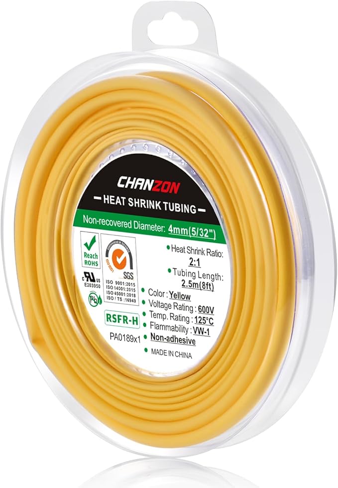 Chanzon 2:1 Ratio 5/32" (4mm) Heat Shrink Tubing 8Ft Roll (2.5M Total Length) Yellow Polyolefin Sleeving Wrap Shrinking 2 to 1 1pcs