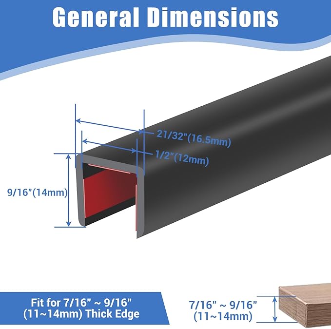 Rubber Edge Trim, Self-Adhesive U Channel Edge Protector for Plywood, Cabinet, 1/2" Wood Edge Banding, Flexible Furniture Repair, EPDM Material, Fit 1/2"(12mm), Length 20Ft, Black Color