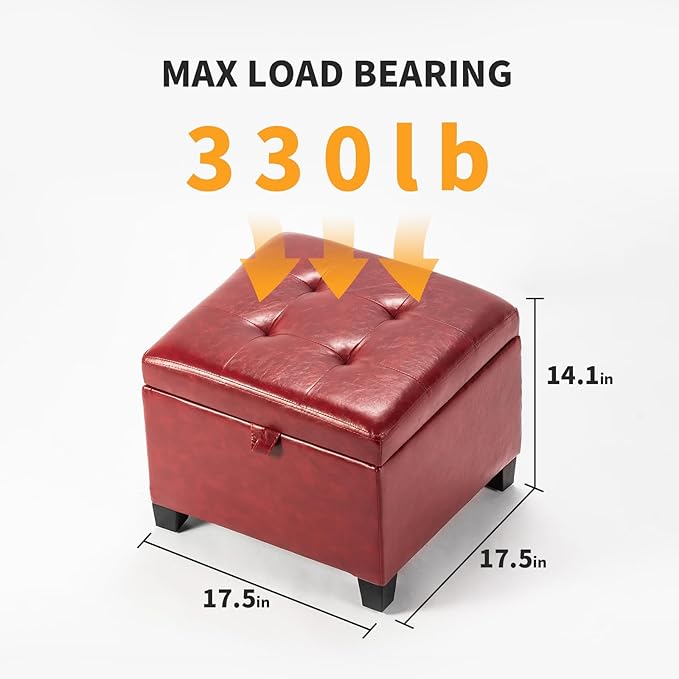 Asense 17 Inch Storage Ottoman Foot Rest,Square Faux Leather Foot Stool,Small Ottoman with Storage,Padded Seat for Entryway,Living Room,Bedroom,Couch,Under Desk,Red