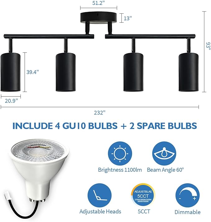 Jolux LED 4 Light Track Lighting Kit, Black 4 Way Ceiling Spot Lighting, Included 4 GU10 Bulbs 1100LM 5CCT Selectable,Flexibly Rotatable Light Head for Kitchen Cabinet Art Walls Hallway Living Room