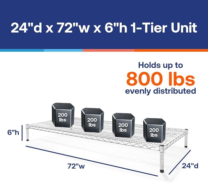 Shelving Inc. 24"d x 72"w Chrome Wire Shelving with 1 Tier Shelf, Weight Capacity 800lbs Per Shelf