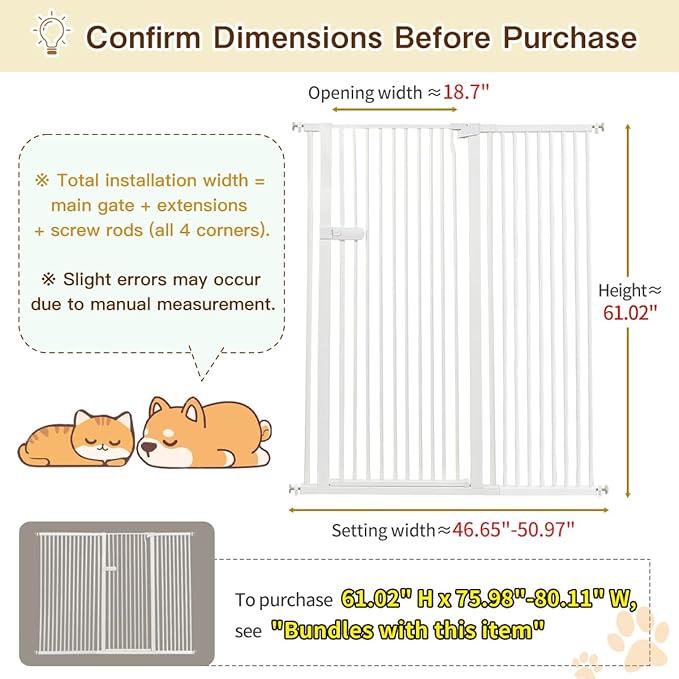 Lumizone Extra Tall Cat Gate 61.02" High Pressure Mounted Extra Wide 2025 New (17 Sizes) 1.37" Gap No Drilling Auto-Close One-Handed Operation Tall Pet Gate for Dogs(White, 61.02" H x 46.65"-50.97" W)