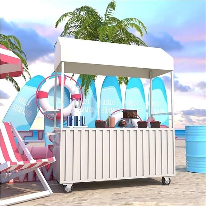Outdoor Food Vendor Cart with Canopy, Portable Mobile Street Food Stand, Foldable Commercial Vending Trolley Kiosk for Markets and Events(White,47.2in)
