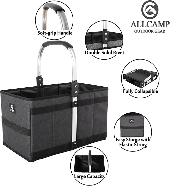 ALLCAMP Collapsible Basket - Folds to 9.8" L x 9.6" W x 2.75" H | 27L Large for Picnic, Grocery, Laundry | Portable Reusable Foldable Storage (Black) - Collapsible Laundry Basket & Shopping Basket
