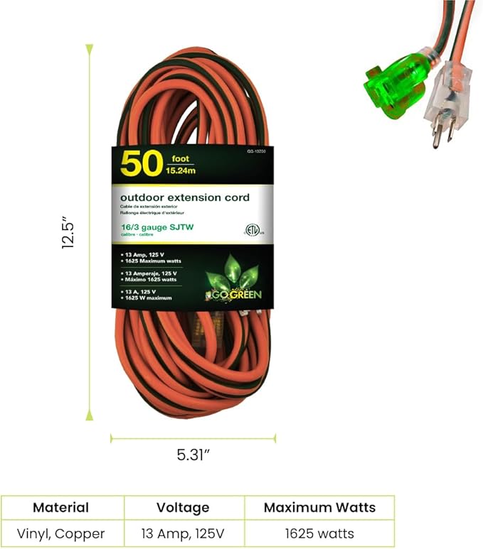 Go Green Power Inc. 16/3 50-Foot Outdoor Extension Cord - Heavy-Duty, Weatherproof, GG-13750