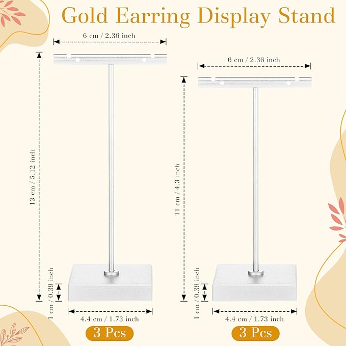 Kigeli 6 Pack Metal T Bar Earring Display Stand Retail Earring Display Holder Detachable Metal Earring Display Storage Rack Jewelry Photography Prop, Square Base, Height 4.3" and 5.1" (Silver)