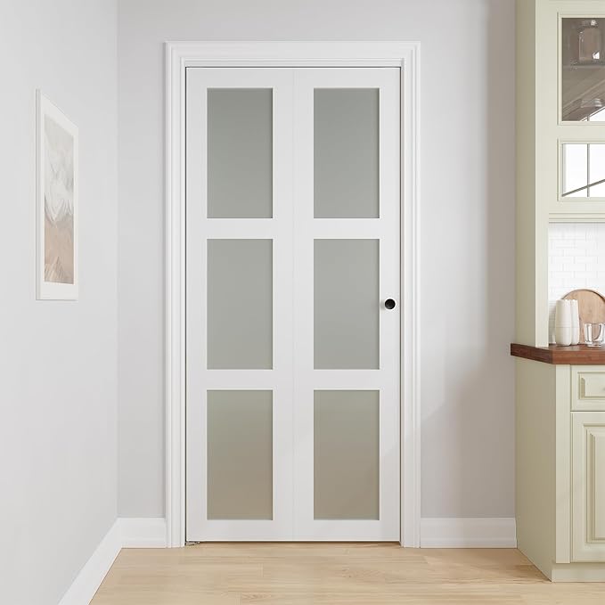 Bifold Doors for 36" x 80-3/4" Opening, 3-lite Tempered Frosted Glass Closet Folding Doors with Hardware kit Included, Easy Assembly, White