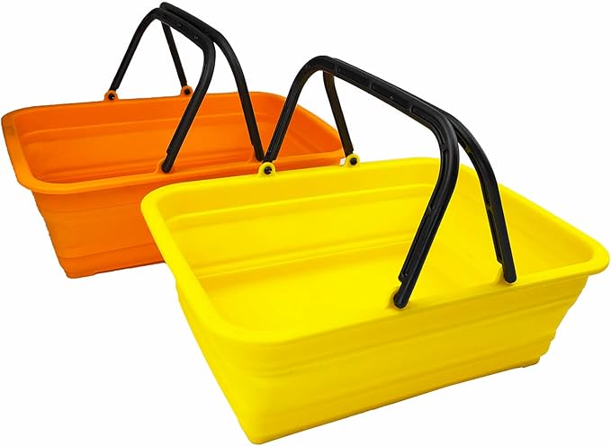 SAMMART Collapsible Basket with Handle 8L (2.1 Gallon) - Portable Outdoor Picnic Basket/Crate - Foldable Basin for Washing Dishes,Camping,Hiking (Golden Yellow + Mandrain Red (Set of 2))
