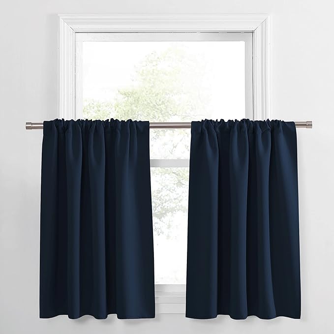 PONY DANCE Short Curtains for Kitchen - Home Decor Rod Pocket Thermal Insulated Window Treatments Light Block Panels for Bathroom, 34 W x 36 L, Navy Blue, Set of 2